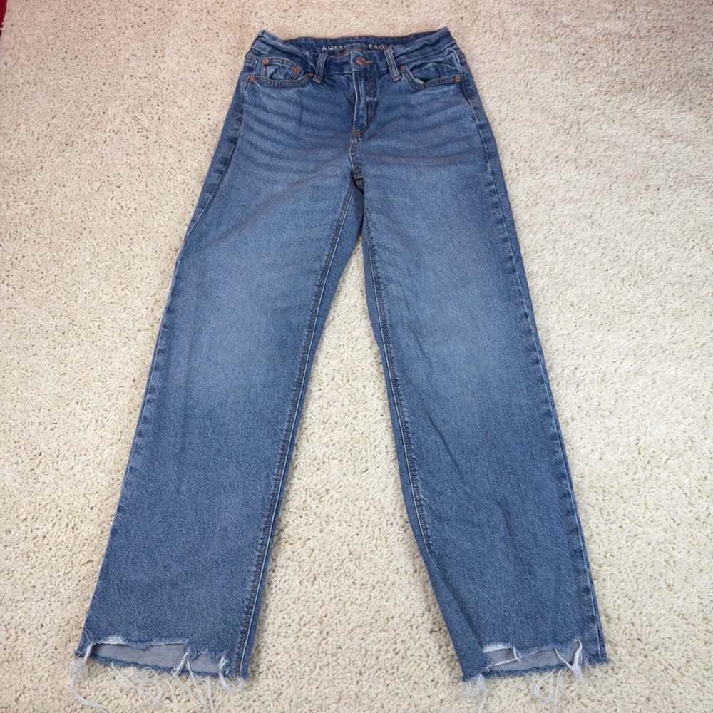 American Eagle Curvy Stovepipe Women 00 Blue Raw Hem High Rise Denim Jeans